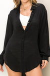 Ginny Gauze Button Down Long Sleeve Cover Up Top - Black