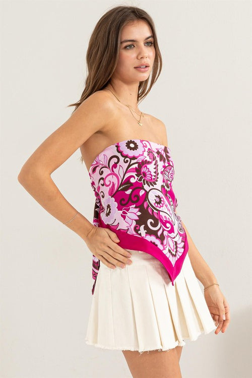 Damaris Strapless Floral Scarf Top - Fuchsia