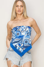 Damaris Strapless Floral Scarf Top - Blue