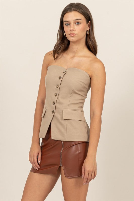 Adelia Strapless Tube Vest Top - Taupe