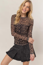 Thelma Leopard Print Mesh Long Sleeve Top