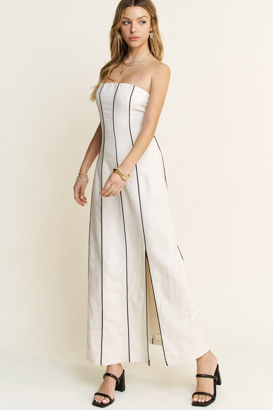 Rosabella Strapless Linen Piping Detail Maxi Dress