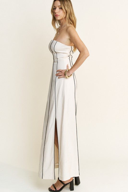 Rosabella Strapless Linen Piping Detail Maxi Dress