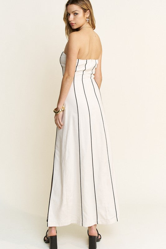 Rosabella Strapless Linen Piping Detail Maxi Dress