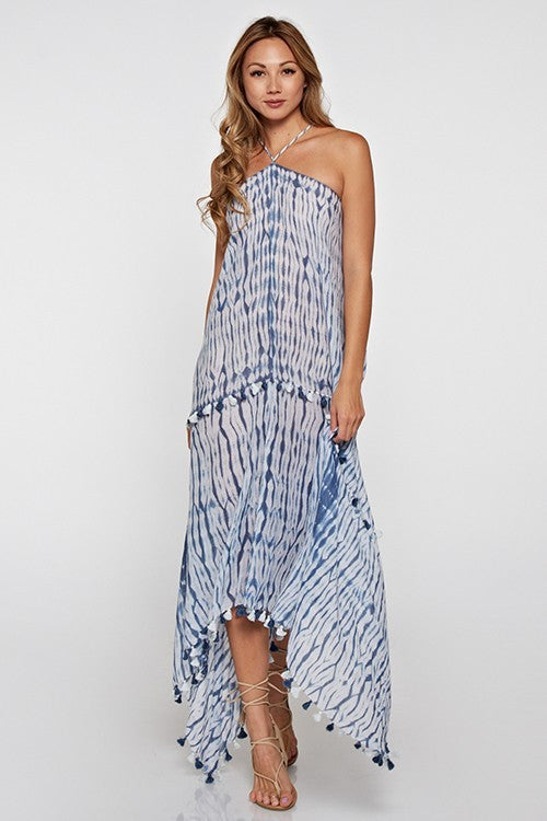 Khelani Moroccan Swirl Tie Dye Sheer Halter Scarf Maxi / Coverup Dress - Blue Tie Dye