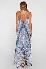 Khelani Moroccan Swirl Tie Dye Sheer Halter Scarf Maxi / Coverup Dress - Blue Tie Dye