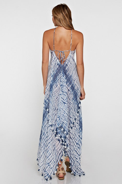 Khelani Moroccan Swirl Tie Dye Sheer Halter Scarf Maxi / Coverup Dress - Blue Tie Dye