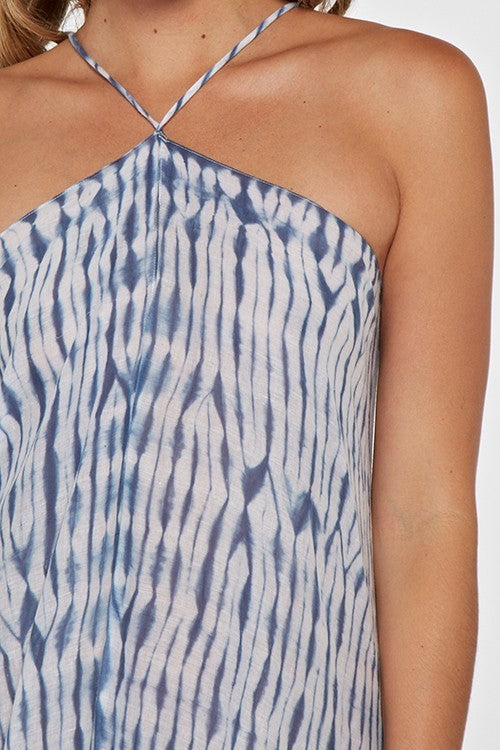 Khelani Moroccan Swirl Tie Dye Sheer Halter Scarf Maxi / Coverup Dress - Blue Tie Dye