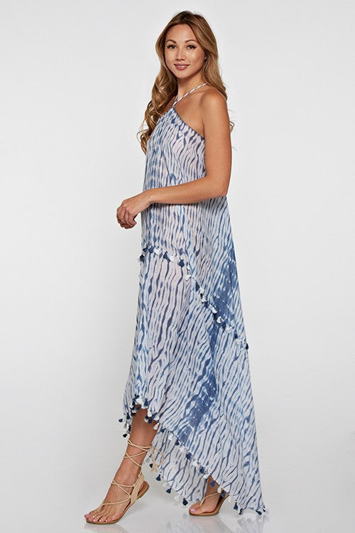 Khelani Moroccan Swirl Tie Dye Sheer Halter Scarf Maxi / Coverup Dress - Blue Tie Dye