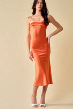 Kourtney Strapless Satin Cowl Back Slip Midi Dress
