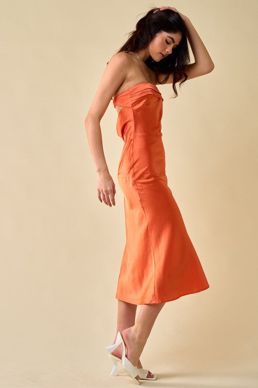 Kourtney Strapless Satin Cowl Back Slip Midi Dress
