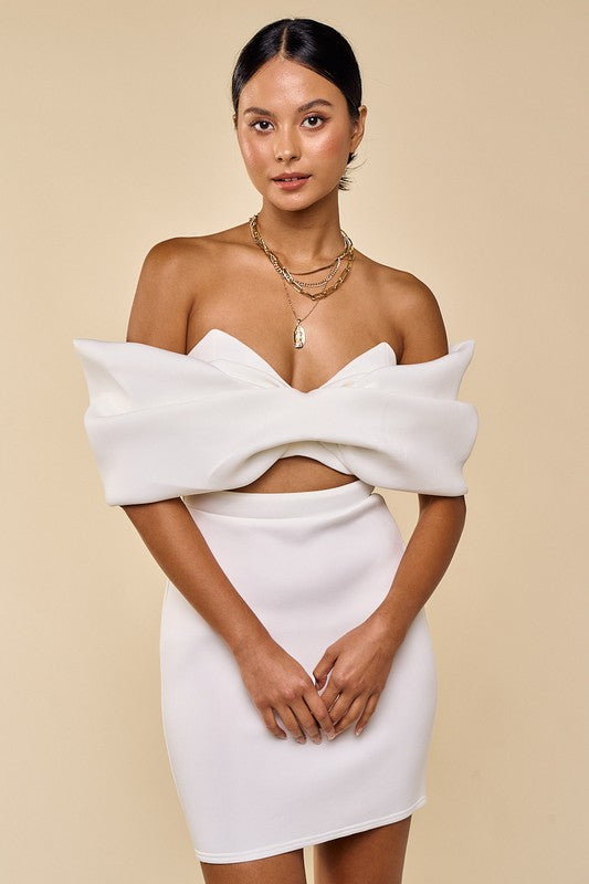 Noela Bow Off Shoulder Mini Dress - White