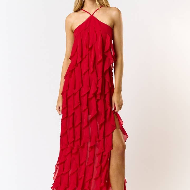 Camy Halter Ruffle Maxi Dress
