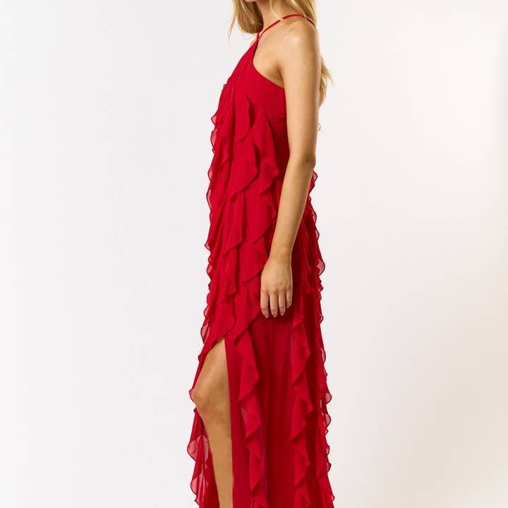 Camy Halter Ruffle Maxi Dress