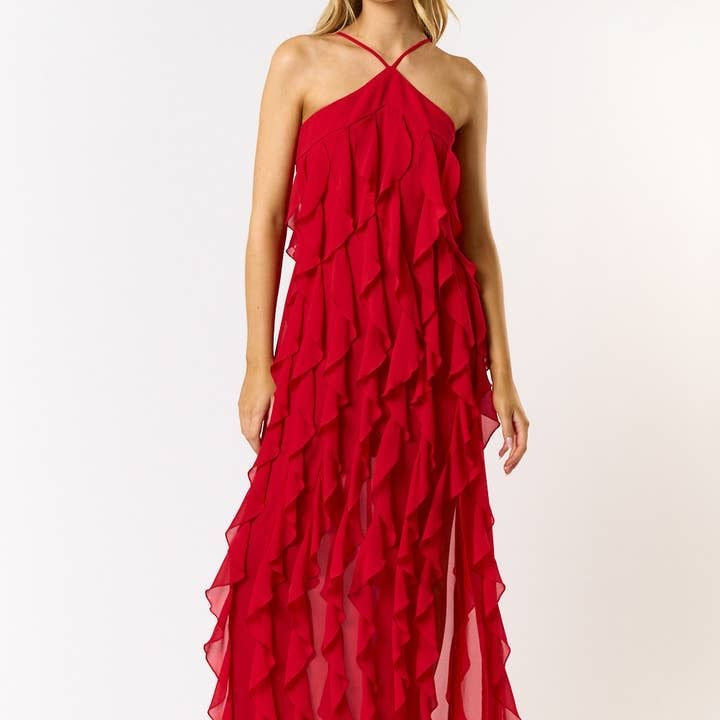 Camy Halter Ruffle Maxi Dress