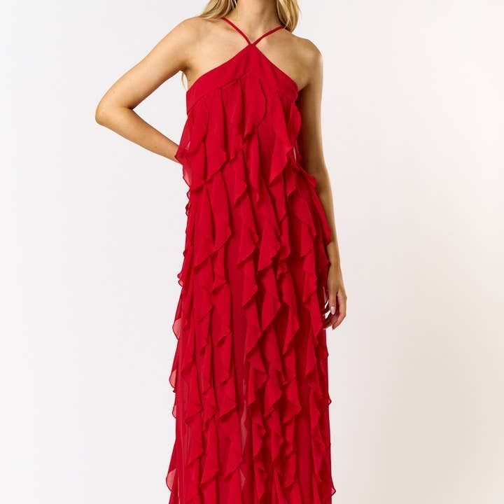 Camy Halter Ruffle Maxi Dress