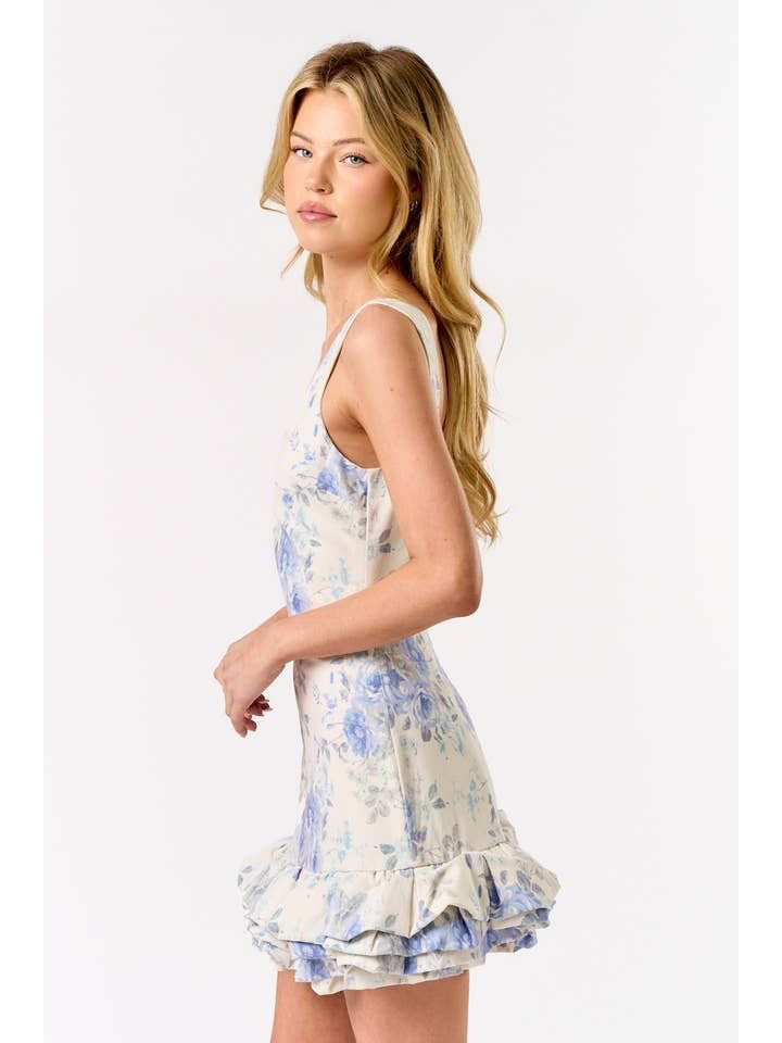 Rhea Floral Square Neck Bubble Hem Mini Dress