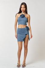 Lolie Denim Rosette Halter Top & Ruffle Mini Skirt