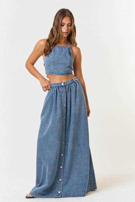 Mae Denim Halter Top & Maxi Skirt Set