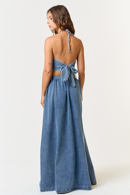 Mae Denim Halter Top & Maxi Skirt Set Girls Will Be Girls Mae Denim Halter Top & Maxi Skirt Set Girls Will Be Girls