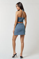 Lolie Denim Rosette Halter Top & Ruffle Mini Skirt