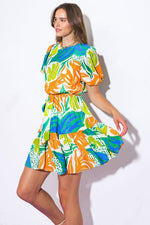Neriah Tropical Tie Waist Fit & Flare Mini Dress