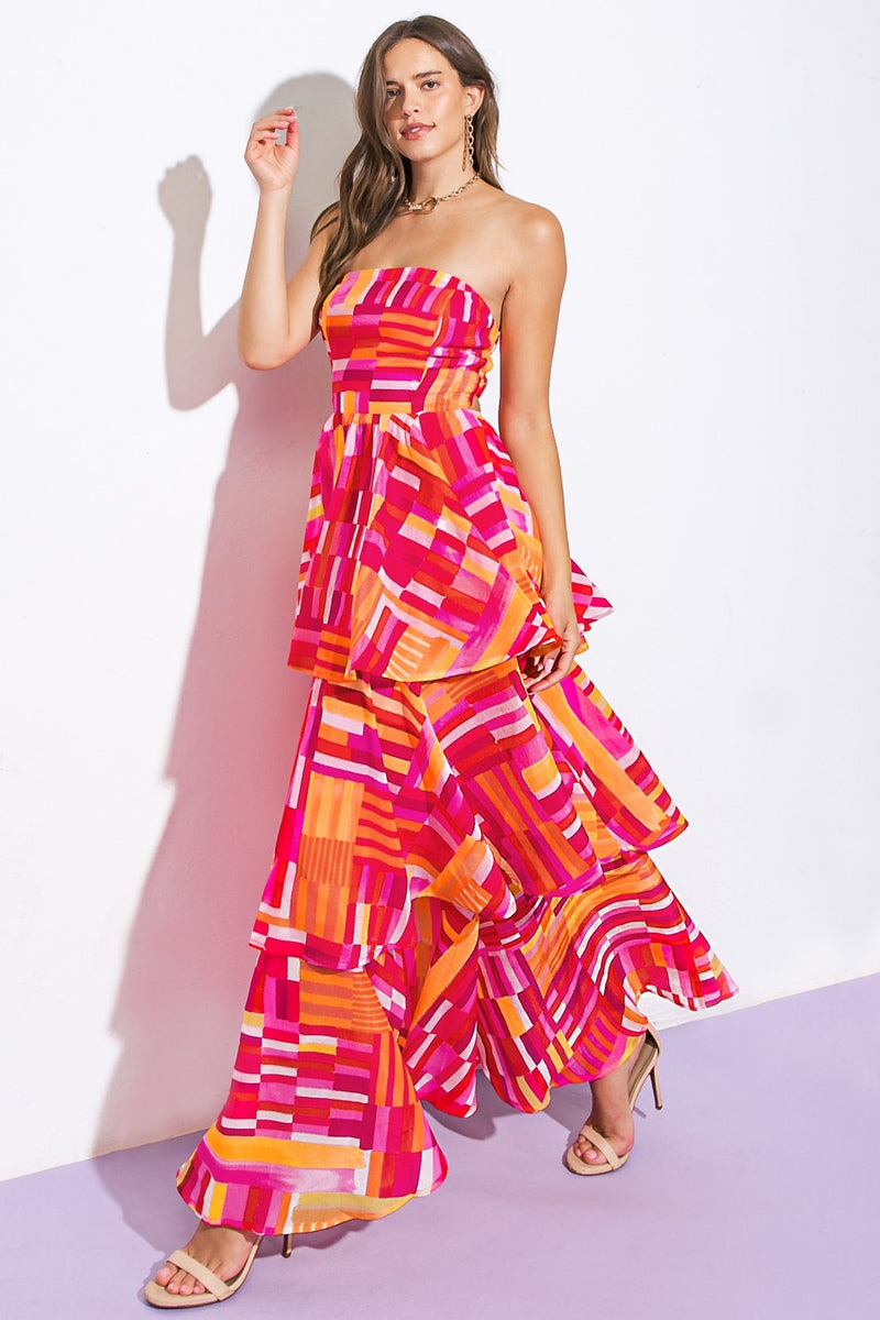 Lucia Geometric Strapless Layer Maxi Dress