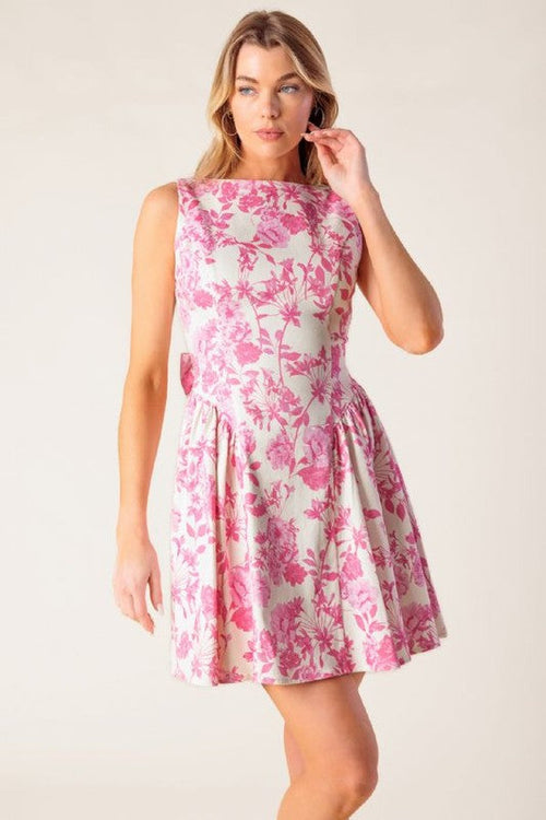 Caterina Boat Neck Backless Bow Floral Mini Dress