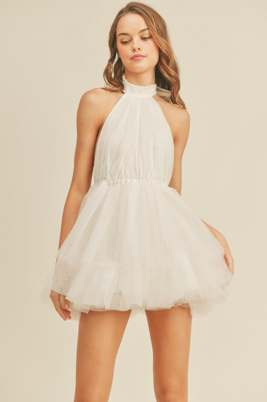 Kailyn Tulle Mesh Halter Mini Dress - Cream