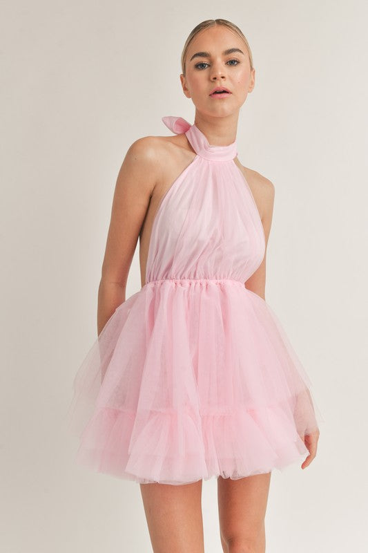 Kailyn Tulle Mesh Halter Mini Dress - Pink