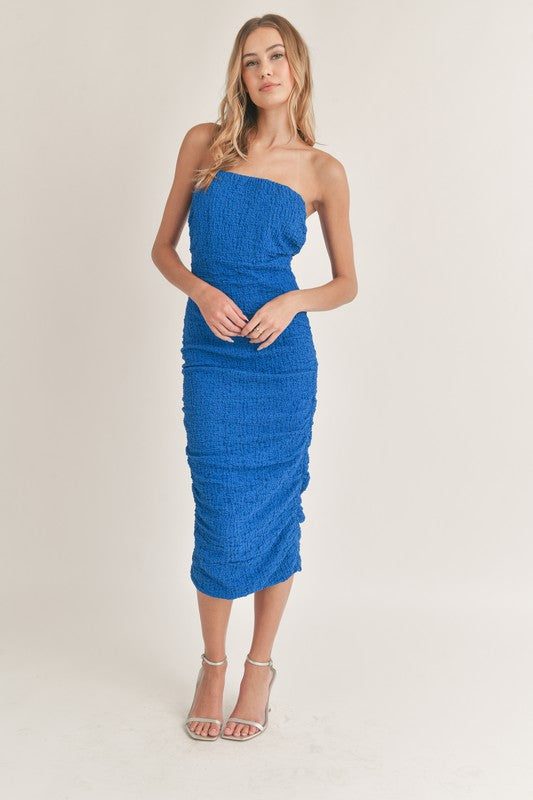 strapless bodycon midi dress Alanis Strapless Ruched Bodycon Midi Dress