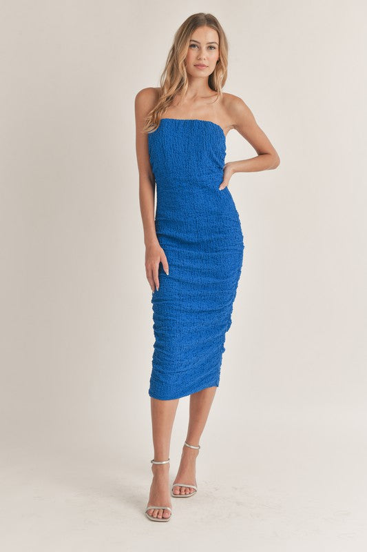 Alanis Strapless Ruched Bodycon Midi Dress