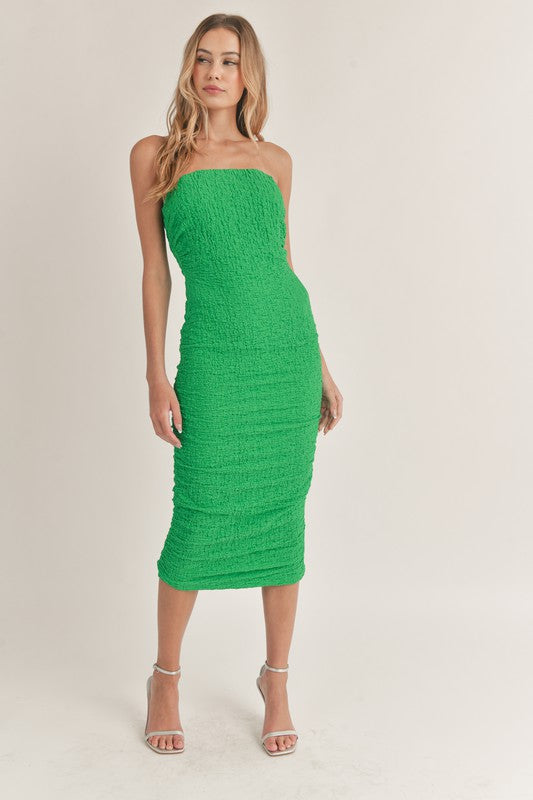 Alanis Strapless Ruched Bodycon Midi Dress