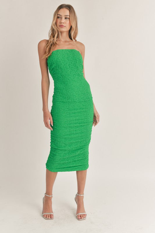 Alanis Strapless Ruched Bodycon Midi Dress - Green