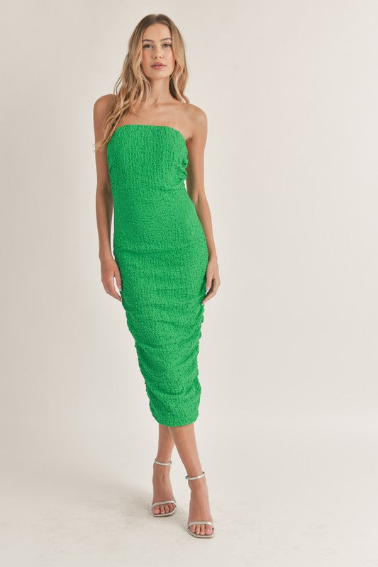 Alanis Strapless Ruched Bodycon Midi Dress - Green
