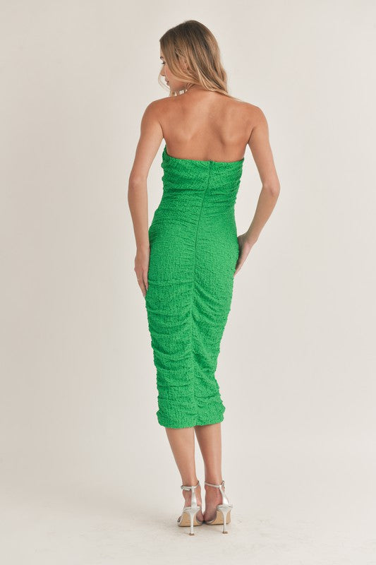 Alanis Strapless Ruched Bodycon Midi Dress - Green Girls Will Be Girls Alanis Strapless Ruched Bodycon Midi Dress - Green Girls Will Be Girls