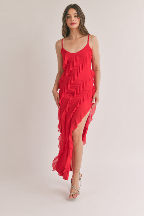 Elliana Ruffle Maxi Dress - Red