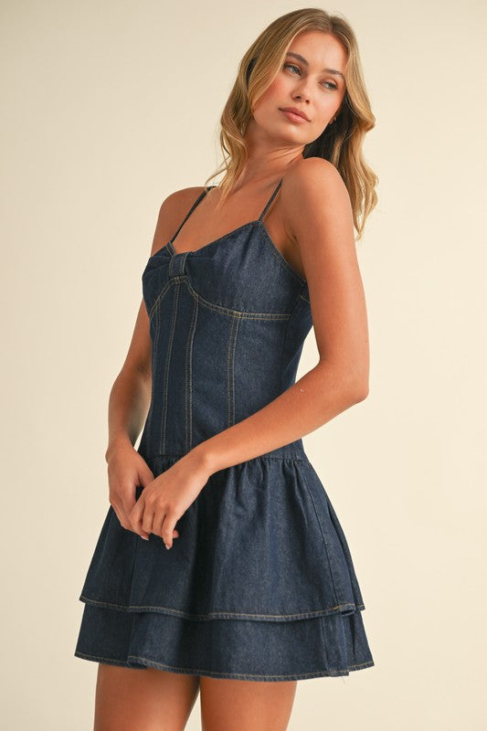 Austyn Denim Drop Waist Ruffle Detail Mini Dress