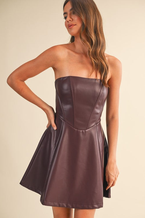 Devan Strapless Faux Leather Flare Mini Dress - Burgundy
