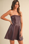 Devan Strapless Faux Leather Flare Mini Dress - Burgundy