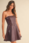 Devan Strapless Faux Leather Flare Mini Dress - Burgundy