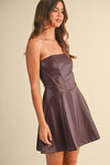 Devan Strapless Faux Leather Flare Mini Dress - Burgundy