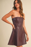 Devan Strapless Faux Leather Flare Mini Dress - Burgundy