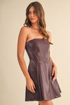 Devan Strapless Faux Leather Flare Mini Dress - Burgundy