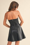 Devan Strapless Faux Leather Flare Mini Dress - Black