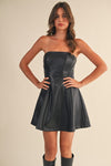 Devan Strapless Faux Leather Flare Mini Dress - Black