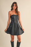 Devan Strapless Faux Leather Flare Mini Dress - Black