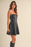 Devan Strapless Faux Leather Flare Mini Dress - Black