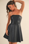 Devan Strapless Faux Leather Flare Mini Dress - Black