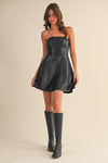 Devan Strapless Faux Leather Flare Mini Dress - Black